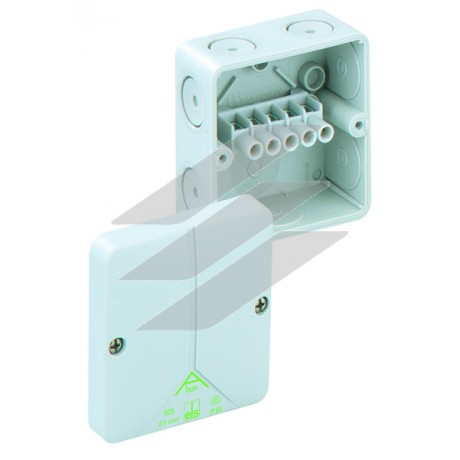 Розподільча коробка Abox 025-2,5² (80x80x52), клема 5пол.х2,5мм²  ( 4х1,5²/4х2,5² на кожний пол.), полістирол, метрич. введеня-8 місць (7-М20, 1-М20 на днищі), IP65 Spelsberg